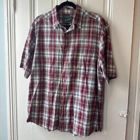 Woolrich Shirt Mens Large Red Plaid Pocketed Button Up Short Sleeve Collared Top - Picture 1 of 6